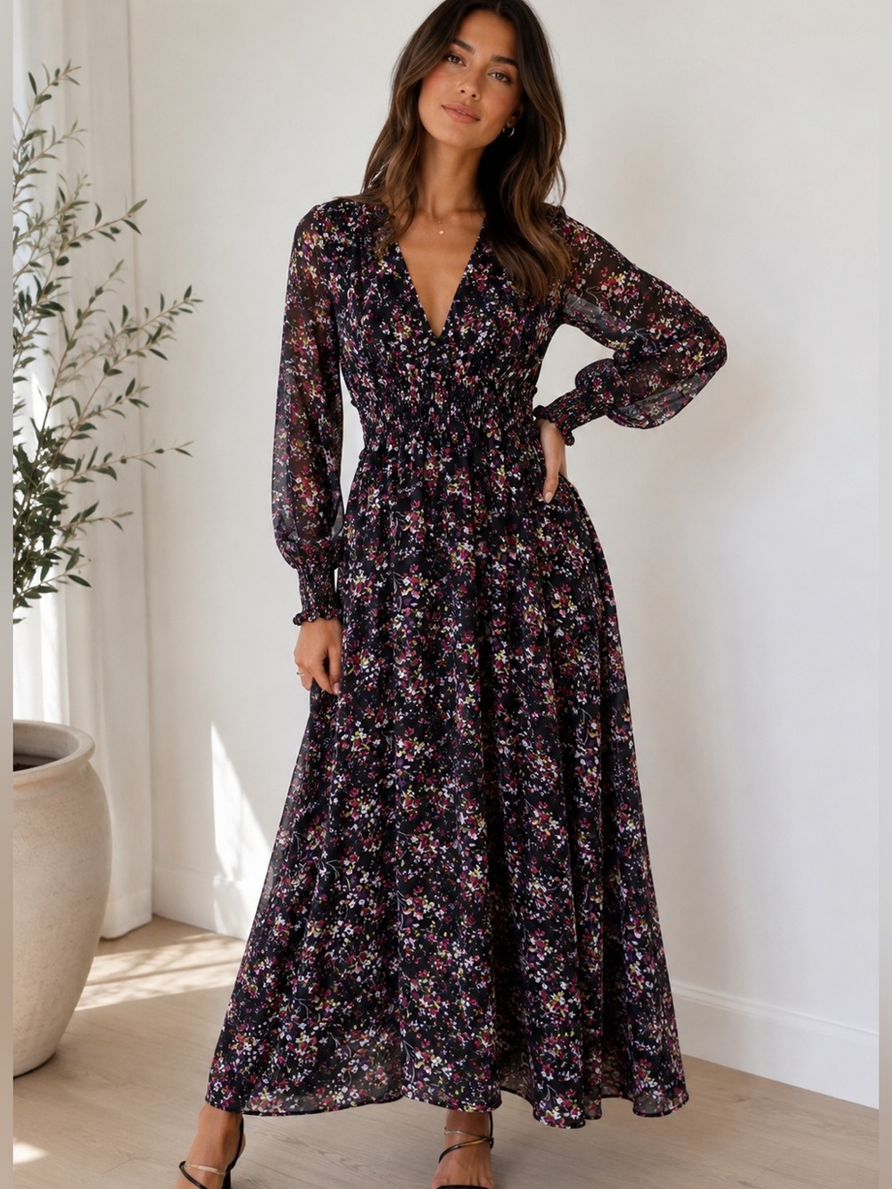 ZARA Floral Chiffon Midi Dress Semi-Sheer Bodice Flowy